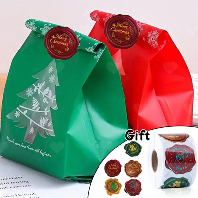 Amorly 100Pcs Christmas Tree Snowflake Snack Treat Bags, Red Green Candy Cookie Pouches With 500Pcs Merry Christmas Stickers For Xmas - image 1