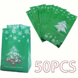 Amorly 100Pcs Christmas Tree Snowflake Snack Treat Bags, Red Green Candy Cookie Pouches With 500Pcs Merry Christmas Stickers For Xmas - thumbnail 3