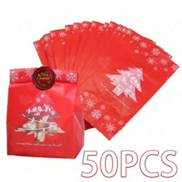 Amorly 100Pcs Christmas Tree Snowflake Snack Treat Bags, Red Green Candy Cookie Pouches With 500Pcs Merry Christmas Stickers For Xmas - thumbnail 2