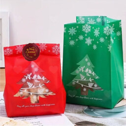 Amorly 100Pcs Christmas Tree Snowflake Snack Treat Bags, Red Green Candy Cookie Pouches With 500Pcs Merry Christmas Stickers For Xmas - thumbnail 6