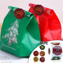 Amorly 100Pcs Christmas Tree Snowflake Snack Treat Bags, Red Green Candy Cookie Pouches With 500Pcs Merry Christmas Stickers For Xmas - thumbnail 1