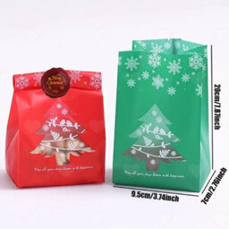 Amorly 100Pcs Christmas Tree Snowflake Snack Treat Bags, Red Green Candy Cookie Pouches With 500Pcs Merry Christmas Stickers For Xmas - thumbnail 4