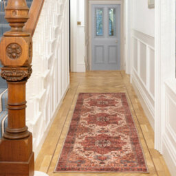 Loomed Traditional Design Cotton Chenille Rug Red Cream Blue Machine Washable 80Cm X 300Cm - thumbnail 2