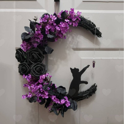 Amorly Halloween Black Cat Moon Wreath With Black Roses, Spooky Front Door Garland, Decorative Ornament For Porch Halloween Party Display - image 1