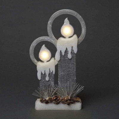 Shatchi 31Cm Christmas Pre Lit Twin Candles Battery Operated Glitter Foam Snow Covered Finish Table Decoration Grey - image 1