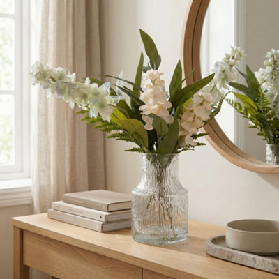 Candlelight White & Green 55Cm Delphinium Artificial Floral Arrangement In Clear Textured Glass Vase - image 1