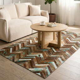 Beliani Multicolour Handcrafted Cowhide Rug 80 X 150 Cm - Turquoise And Brown Mosaic - thumbnail 2