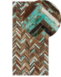 Beliani Multicolour Handcrafted Cowhide Rug 80 X 150 Cm - Turquoise And Brown Mosaic - thumbnail 3