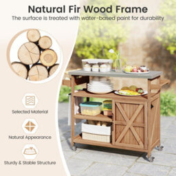 Costway Wooden Grill Cart W/ Storage Cabinet Outdoor Kitchen Island W/ Stainless Steel Top - thumbnail 6