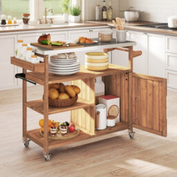 Costway Wooden Grill Cart W/ Storage Cabinet Outdoor Kitchen Island W/ Stainless Steel Top - thumbnail 7