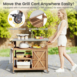 Costway Wooden Grill Cart W/ Storage Cabinet Outdoor Kitchen Island W/ Stainless Steel Top - thumbnail 4