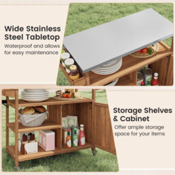 Costway Wooden Grill Cart W/ Storage Cabinet Outdoor Kitchen Island W/ Stainless Steel Top - thumbnail 5