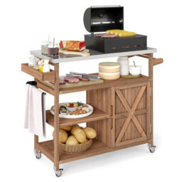 Costway Wooden Grill Cart W/ Storage Cabinet Outdoor Kitchen Island W/ Stainless Steel Top - thumbnail 1