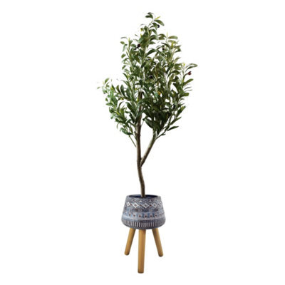 Pegdev - Pdl 120Cm Artificial Olive Tree With Large Blue Rustic Planter Realistic Faux Plant With Natural Trunk For Home/ Office - image 1