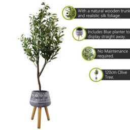 Pegdev - Pdl 120Cm Artificial Olive Tree With Large Blue Rustic Planter Realistic Faux Plant With Natural Trunk For Home/ Office - thumbnail 2