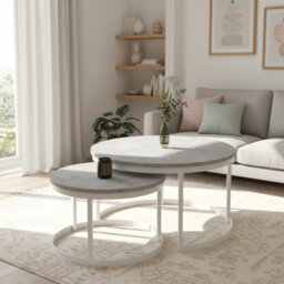 Okin 2 Piece Coffee Table Set Modern Metal Base With Durable Laminated Pvc Tops Large Small Duo Legs White Top Light Concrete