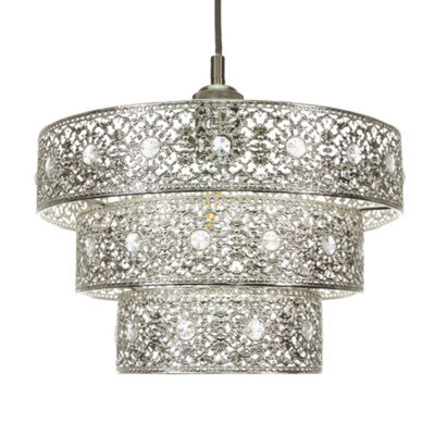 Happy Homewares Polished Silver Acrylic Gem Moroccan Style Triple Tier Pendant Lighting Shade - image 1
