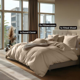 Ameha Plain Dyed Duvet Cover Complete Set With Matching Fitted Sheet & Pillowcase Microfiber Super King Beige - thumbnail 4