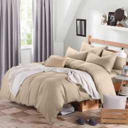 Ameha Plain Dyed Duvet Cover Complete Set With Matching Fitted Sheet & Pillowcase Microfiber Super King Beige - thumbnail 5