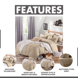 Ameha Plain Dyed Duvet Cover Complete Set With Matching Fitted Sheet & Pillowcase Microfiber Super King Beige - thumbnail 3
