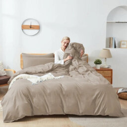 Ameha Plain Dyed Duvet Cover Complete Set With Matching Fitted Sheet & Pillowcase Microfiber Super King Beige - thumbnail 1