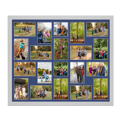 AK Frames 80X70Cm Silver Modern Multi Photo Frame With Blue Mount - Holds 20 Apertures (18X) 6X4, (2X) 4X4 Photos - image 1