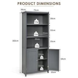 Costway Wooden Tall Bookcase 3-Tier Shelving Storage Cabinet 2 Doors Display Organizer - thumbnail 2