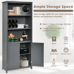 Costway Wooden Tall Bookcase 3-Tier Shelving Storage Cabinet 2 Doors Display Organizer - thumbnail 5