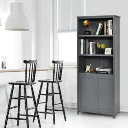 Costway Wooden Tall Bookcase 3-Tier Shelving Storage Cabinet 2 Doors Display Organizer - thumbnail 4