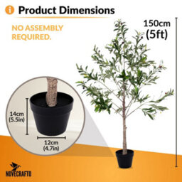 Novecrafto 150Cm Artificial Olive Tree With Decorative Pot & Mediterranean Stones - Realistic Indoor Faux Plant With Lifelike Leaves & Fruits - thumbnail 2