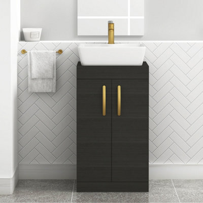 Royal Bathrooms 500mm Floor Standing Vanity Unit 2 Door Hale Black & Countertop Basin - Cube With Brushed Brass Handle - image 1