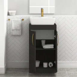 Royal Bathrooms 500mm Floor Standing Vanity Unit 2 Door Hale Black & Countertop Basin - Cube With Brushed Brass Handle - thumbnail 3