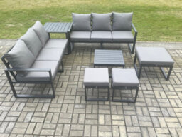 Fimous Aluminium 9 Seater Outdoor Garden Furniture Lounge Sofa Set With Square Coffee Table 3 Footstools Side Table - thumbnail 2
