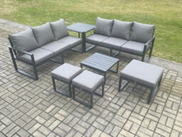 Fimous Aluminium 9 Seater Outdoor Garden Furniture Lounge Sofa Set With Square Coffee Table 3 Footstools Side Table - thumbnail 1