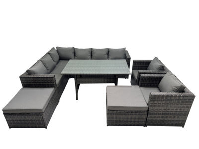 Fimous Outdoor Pe Rattan Sofa Set With Dining Table Patio Garden Furniture Sets With 2 Big Stool Dark Grey Mixed - image 1