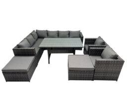 Fimous Outdoor Pe Rattan Sofa Set With Dining Table Patio Garden Furniture Sets With 2 Big Stool Dark Grey Mixed - thumbnail 1