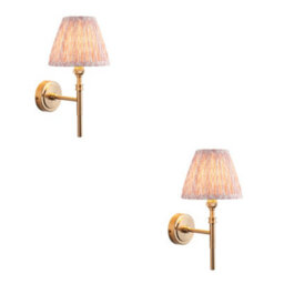 Loops Stylish 2 Pack Dimmable Wall Lights With Aged Brass And Peachy Fabric Shade
