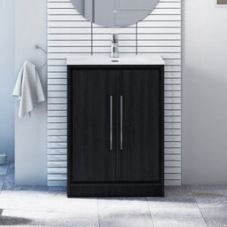 Royal Bathrooms Livora 600mm Black Woodgrain Floor Standing Bathroom Vanity Unit 2 Storage Cabinet Door With Ceramic Basin