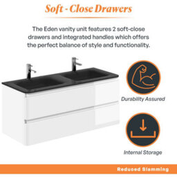 Plum&clay Marvel Gloss White Wall Hung Bathroom Vanity Unit With Grey Glass Basin (W)1200mm - thumbnail 3