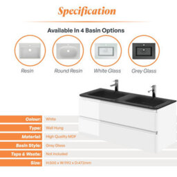 Plum&clay Marvel Gloss White Wall Hung Bathroom Vanity Unit With Grey Glass Basin (W)1200mm - thumbnail 4