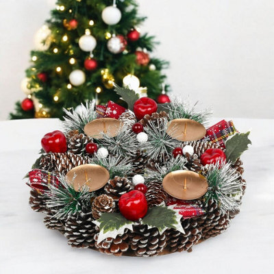 Urbn-Living Urbnliving 27Cm Width Christmas Wreath Candle Holder Centrepiece Arrangement Pinecones Berries Decor - image 1