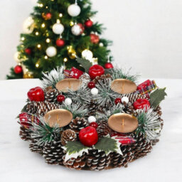 Urbn-Living Urbnliving 27Cm Width Christmas Wreath Candle Holder Centrepiece Arrangement Pinecones Berries Decor - thumbnail 1