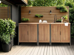 Beliani 3 Piece Outdoor Kitchen Set With Sink Ivrea Certified Acacia Wood Brown/ Black - thumbnail 2