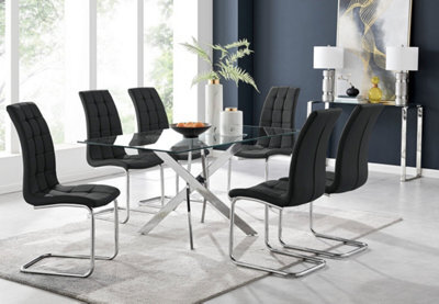 Furniturebox Uk Leonardo Glass And Chrome Metal Dining Table And 6 Black Murano Faux Leather Chairs - image 1