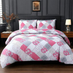 Duvet Cover And Pillowcase Set Floral Patchwork Design Polycotton Bed Linen Pink - thumbnail 1