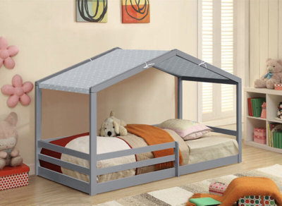 Comfy Living 3Ft Wooden House Bed Grey With Grey Tent