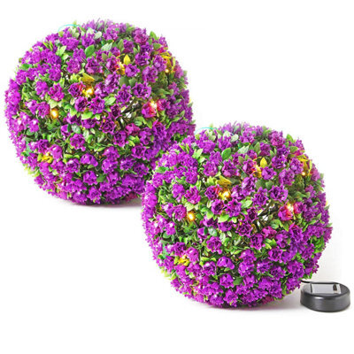 Taylor & Brown 2 Pack 28Cm Solar Powered Led Rose Topiary Ball, Artificial Hanging Ornament With 20 Lights, Garden Decor (Purple) - image 1