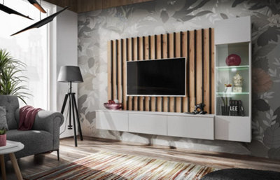 Arte Verti Contemporary Entertainment Media Unit 4 Doors Shelves Pearl Grey And Artisan Oak Effect (W)2200mm (H)1480mm (D)350mm - image 1
