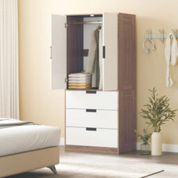 Wyld Haus Coracasa White And Brown Double Wardrobe With Hanging Rail And 3 Drawers, 180H X 80W X 50D Cm - thumbnail 7