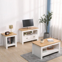 Furniturehmd Living Room 3 Piece Set Lamp Table, Side Table, Coffee Table, Tv Sstand With 2 Drawers, White And Oak - thumbnail 1
